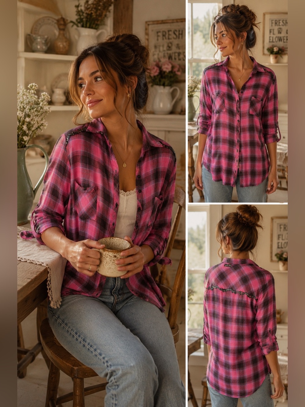 Matilda Jane Pink Plaid Button Up Tunic Top Sequin Detail Size Small